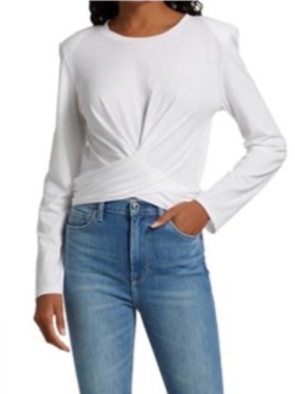 7 For All Mankind White Long-Sleeve Crop Tie-Waist Top
